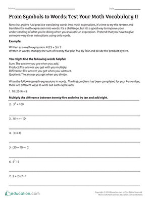 Worksheet featuring math vocabulary and reasoning exercises for sixth graders