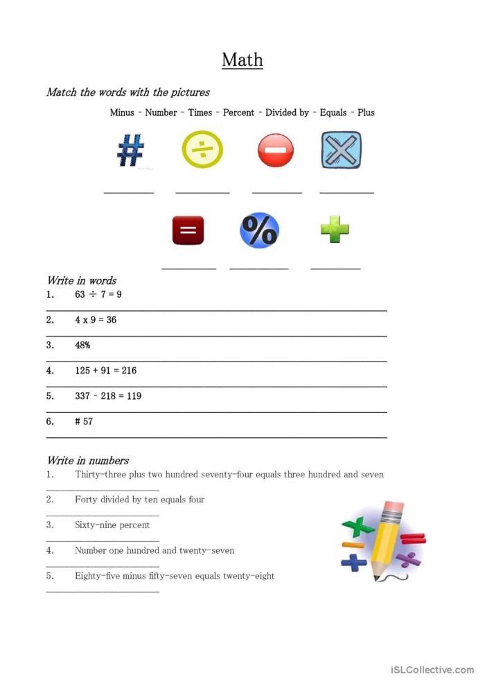 Worksheet showcasing math vocabulary for sixth graders focusing on numbers and counting