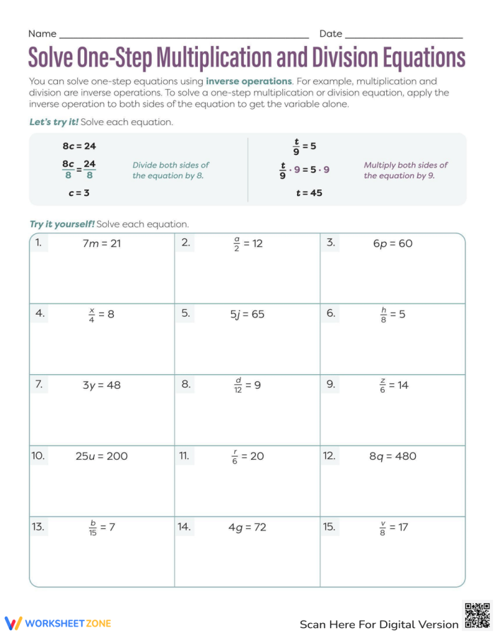 Worksheet featuring one-step multiplication and division equations for sixth-grade students