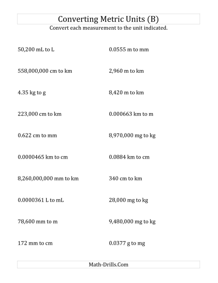 Customary and Metric Unit Conversion Practice Worksheet 4 Sixth grade math worksheet for converting between metric and customary measurement units