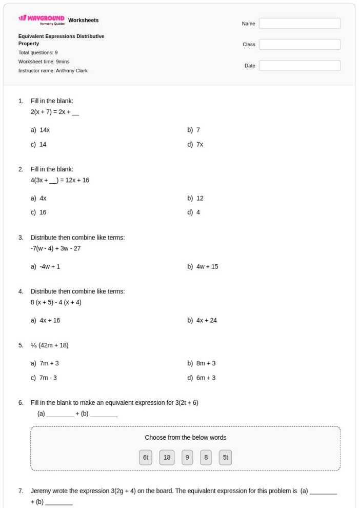 Sixth grade math worksheet for practicing equivalent expressions with addition and multiplication properties 24