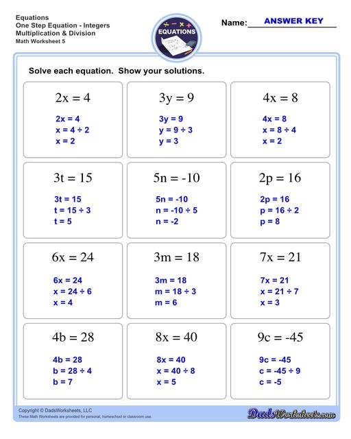 Sixth grade math worksheet featuring one-step multiplication and division equations for students to solve