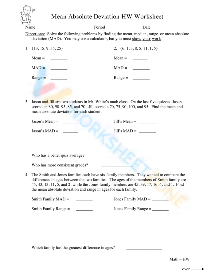 Sixth grade math worksheet for calculating mean absolute deviation of data sets