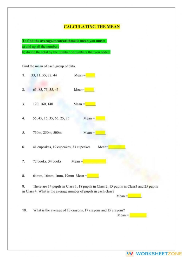 Sixth grade math worksheet for students practicing how to calculate the mean of a data set