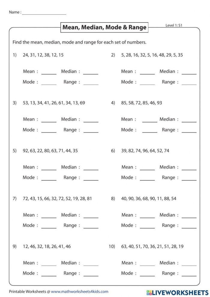 Worksheet for sixth graders to practice calculating the mean of various data sets