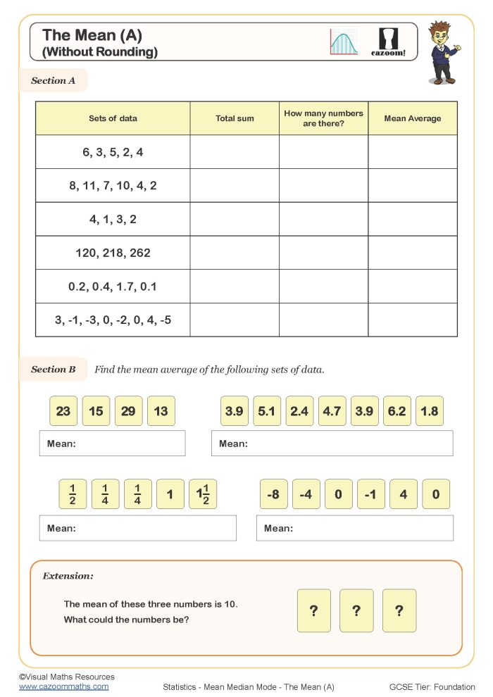 Sixth grade math worksheet for practicing how to calculate the mean of a data set