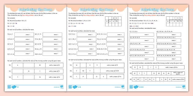 Sixth grade math worksheet for practicing how to calculate the mean of a data set