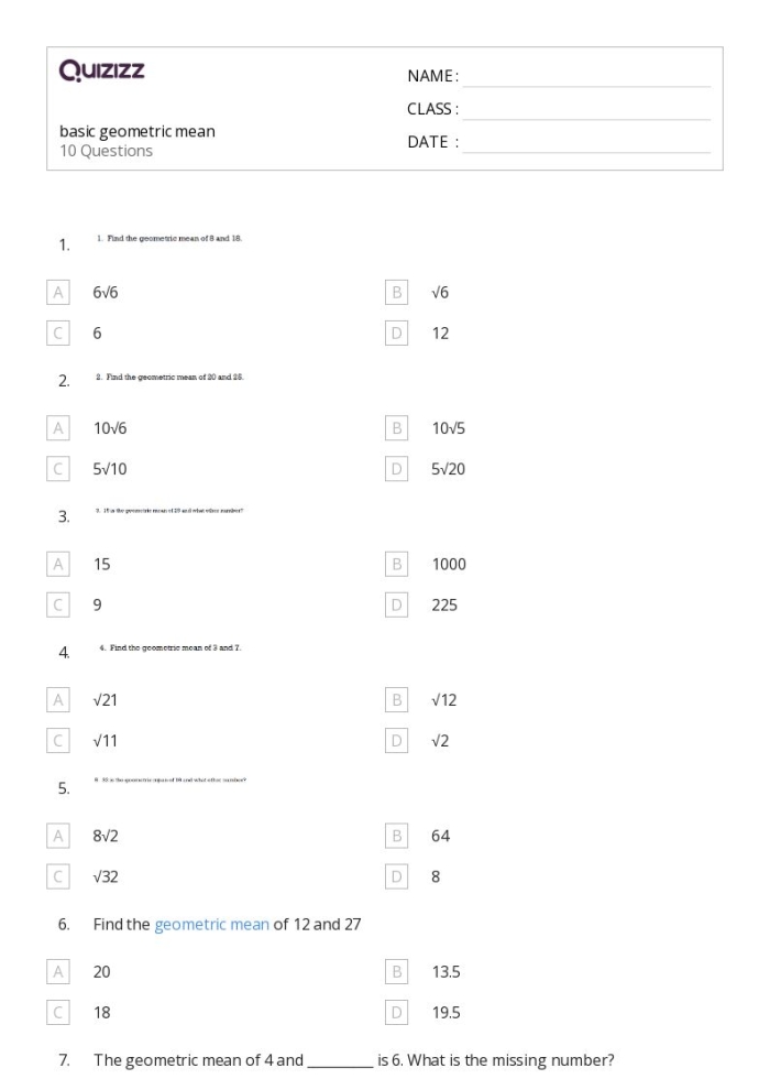 Sixth grade math worksheet for practicing how to calculate the mean of a data set