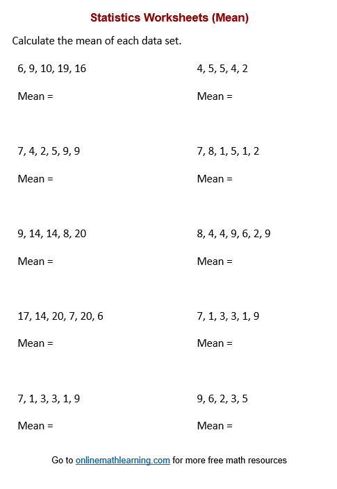 Worksheet for sixth graders to practice calculating the mean of various data sets