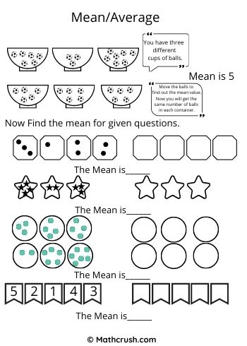 Sixth grade math worksheet for practicing how to calculate the mean of a data set