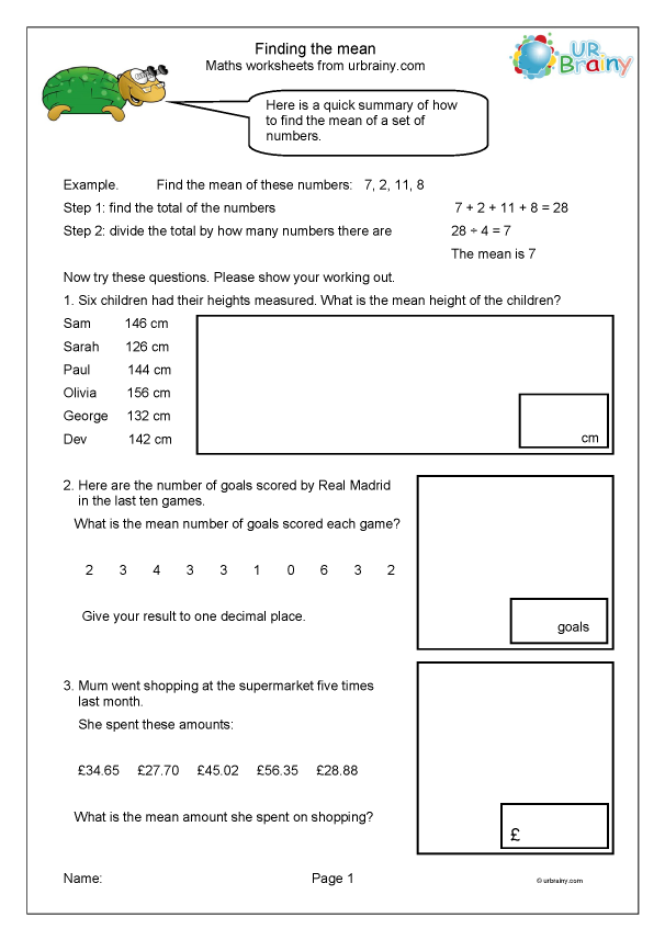 Sixth grade math worksheet focused on calculating the mean of data sets