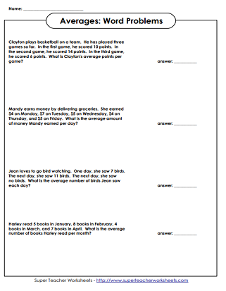 Sixth grade math worksheet featuring practice problems for finding the mean of data sets