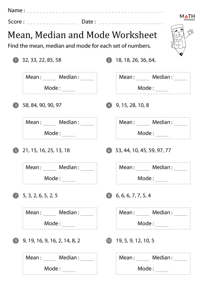 Worksheet illustrating mean, median, and mode concepts for sixth graders studying fractions