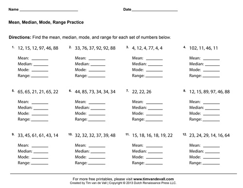 Sixth grade math worksheet for calculating the mean, median, and mode of a numerical data set