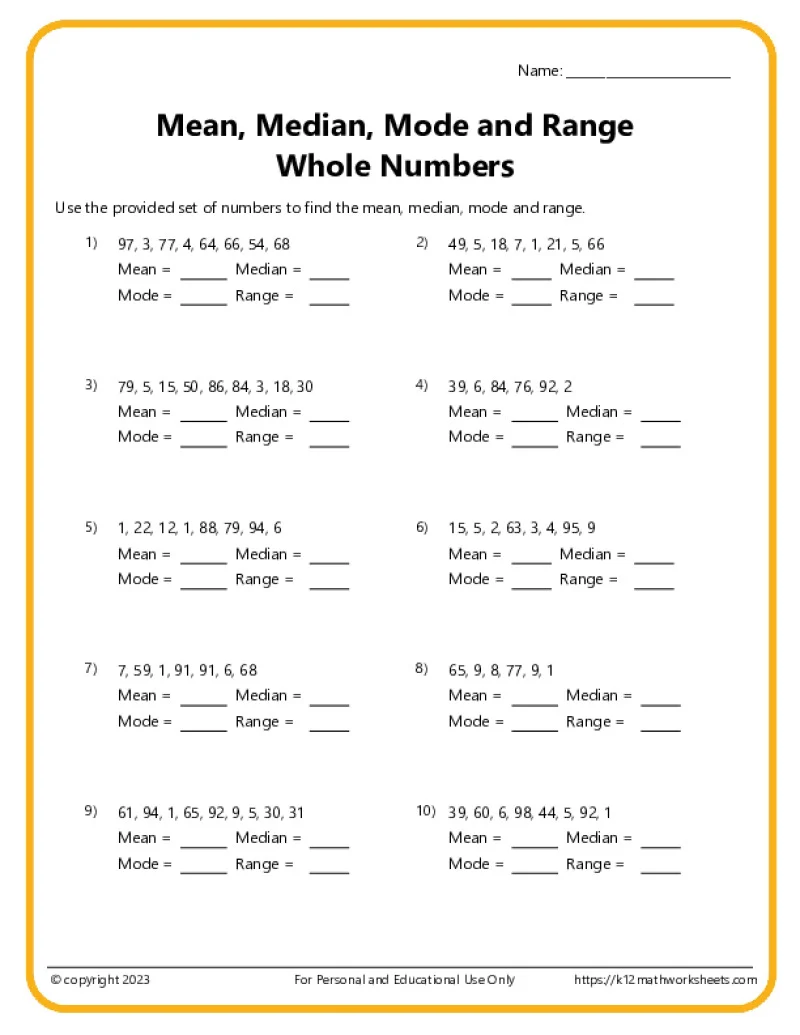 Sixth grade math worksheet for calculating mean median mode and range of data sets