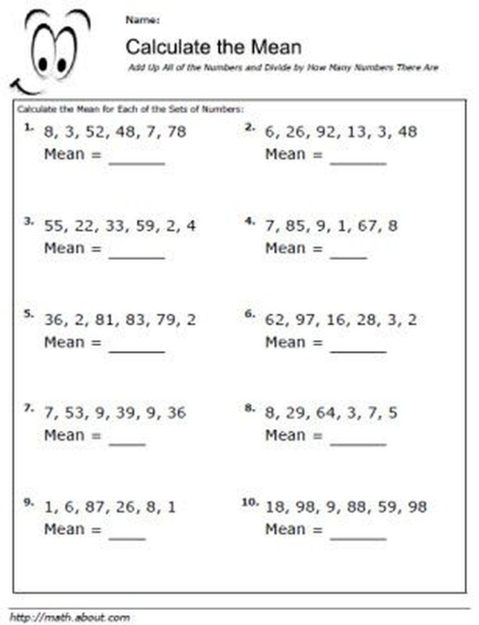 Worksheet featuring a sixth-grade exercise on finding the mean of a data set
