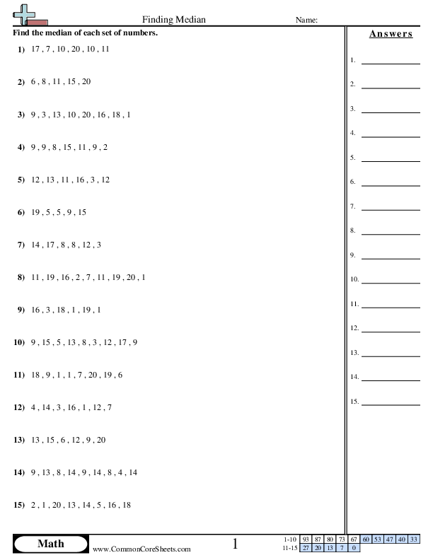 Sixth grade student working through median calculation problems on a practice worksheet with data sets