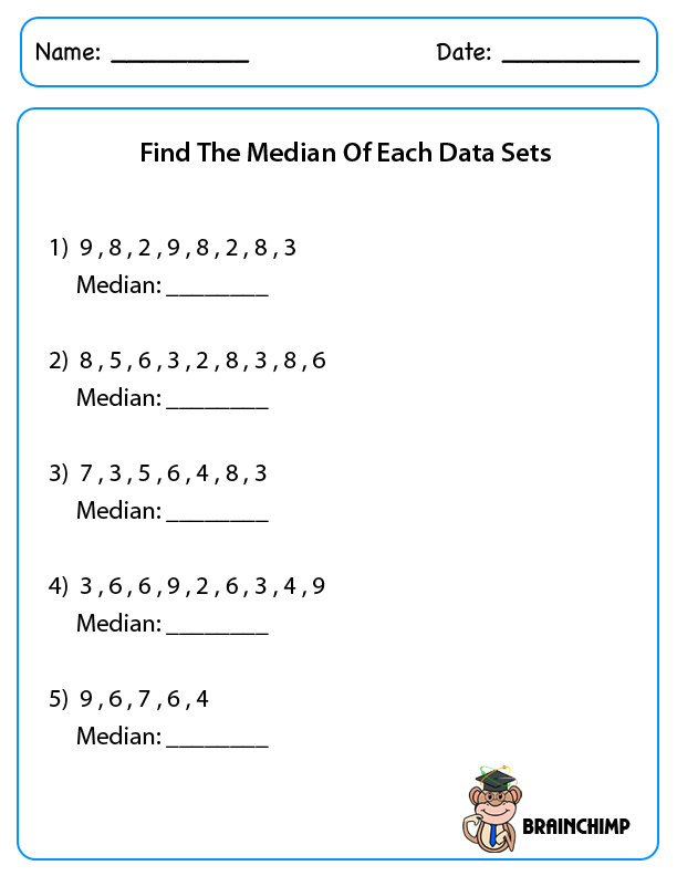 Sixth grade student working through median calculation problems on a practice worksheet with data sets