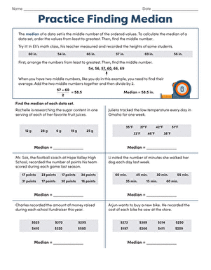 Sixth grade algebra worksheet for practicing how to calculate the median of a data set