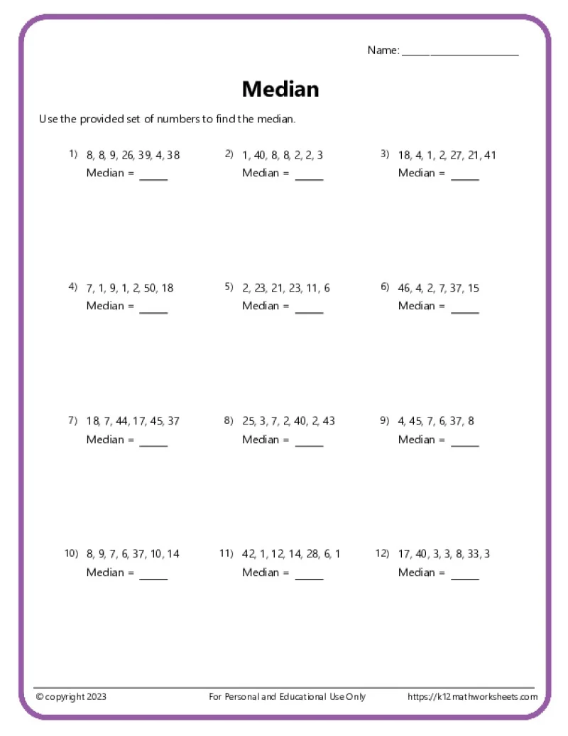 Sixth grade math worksheet for practicing how to calculate the median of a data set