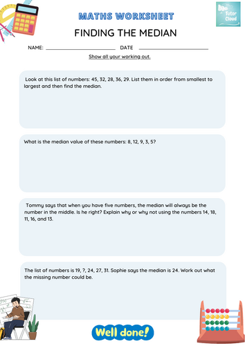 Sixth grade students solving median problems on a practice worksheet with various data sets