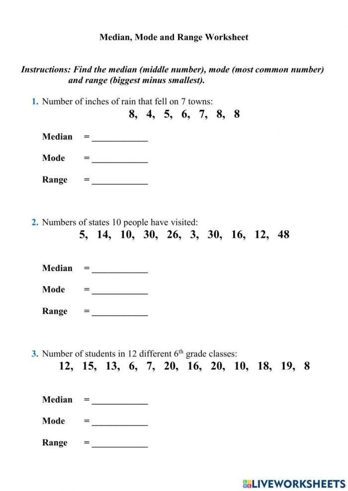 Sixth grade math worksheet for practicing how to calculate the median of a data set
