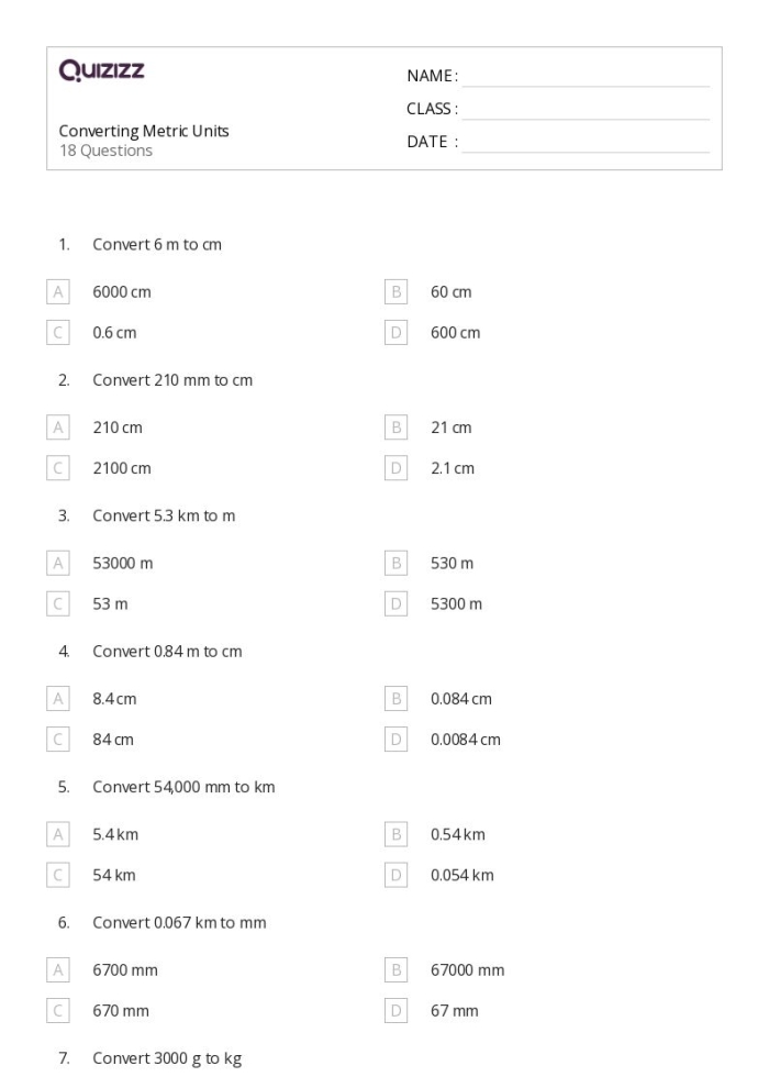 Customary and Metric Units Conversion Practice Worksheet for Sixth Grade Worksheet for converting between customary and metric units of measurement