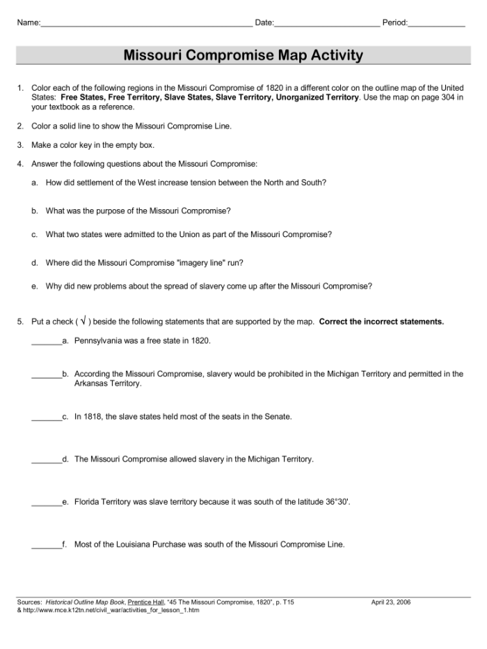 Students analyzing the Missouri Compromise worksheet with a detailed map of boundaries and exceptions