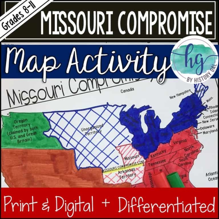 Illustration of a map showing the boundaries and exceptions of the Missouri Compromise for educational purposes