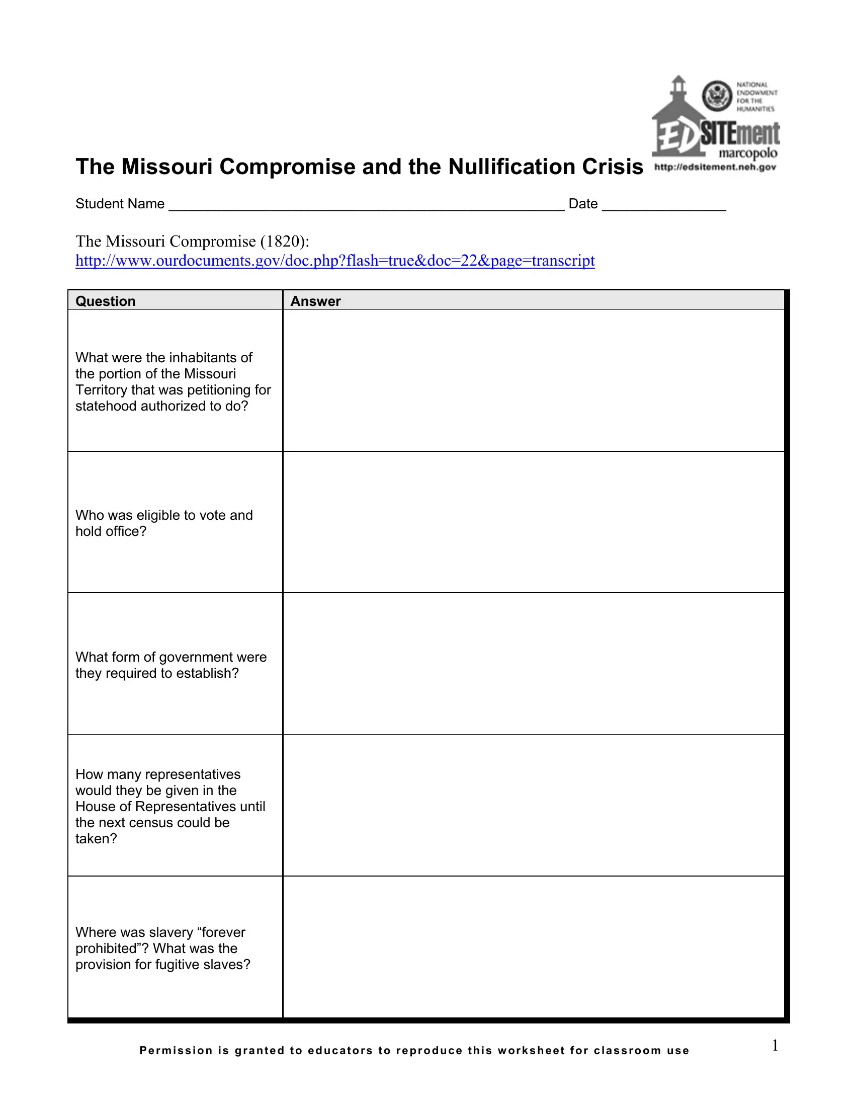 Illustration of a worksheet detailing the Missouri Compromise with a map showing its boundaries and exceptions