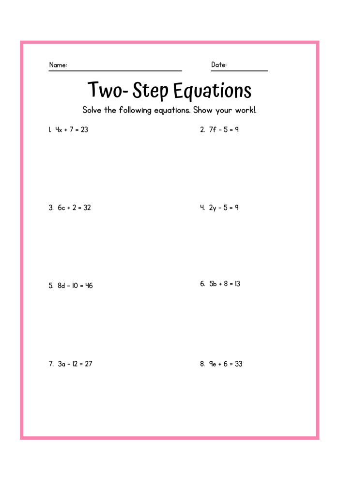 Sixth grade math worksheet for practicing one-variable equations with mixed operations