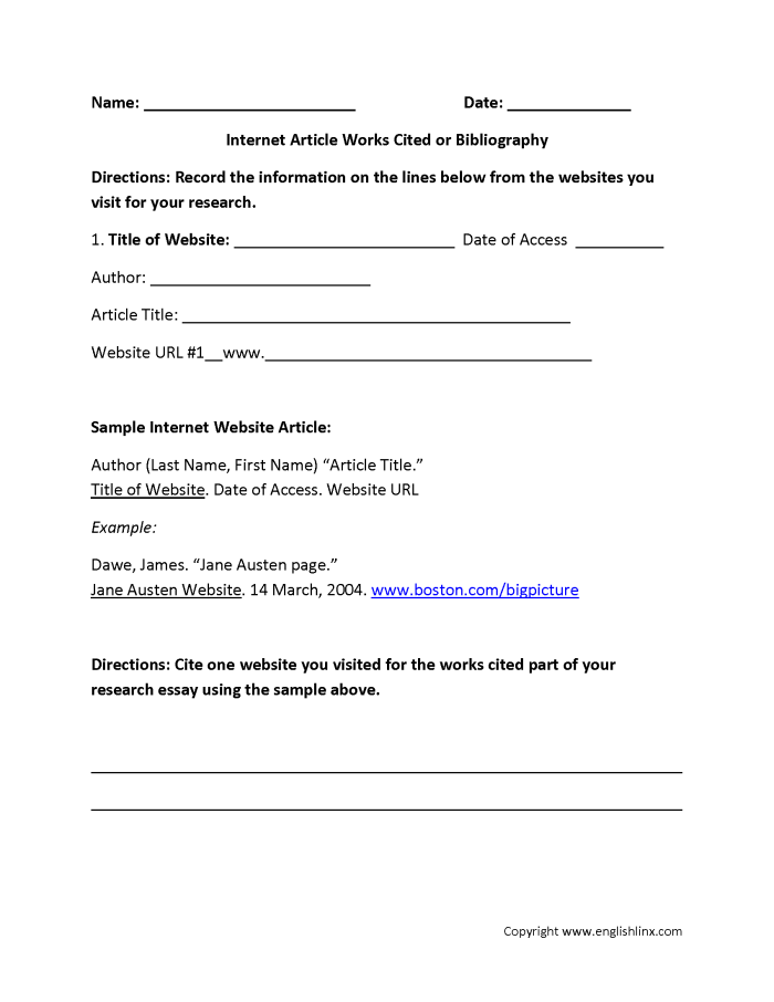 Worksheet image depicting MLA citation guidelines for middle school students Writing a Bibliography worksheet for sixth graders focusing on MLA 8th edition citation format