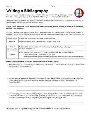 Illustration showing key elements of citing sources for middle school students Worksheet for sixth graders on how to write a bibliography in MLA 8th edition format