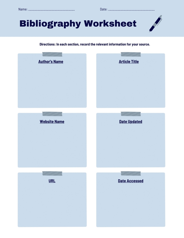 Educational resource for teaching source citation in middle school writing Worksheet for sixth graders on writing a bibliography using MLA 8th edition