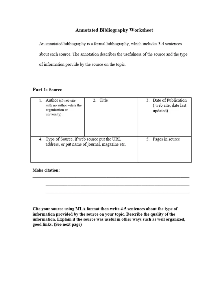 Introduction to Writing a Bibliography using MLA 8th edition for middle school students A worksheet designed for sixth graders to learn MLA 8th edition bibliography formatting
