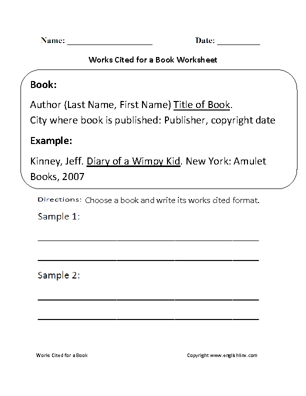 Educational resource for sixth graders on citing sources correctly Worksheet for learning how to write a bibliography in MLA 8th edition format
