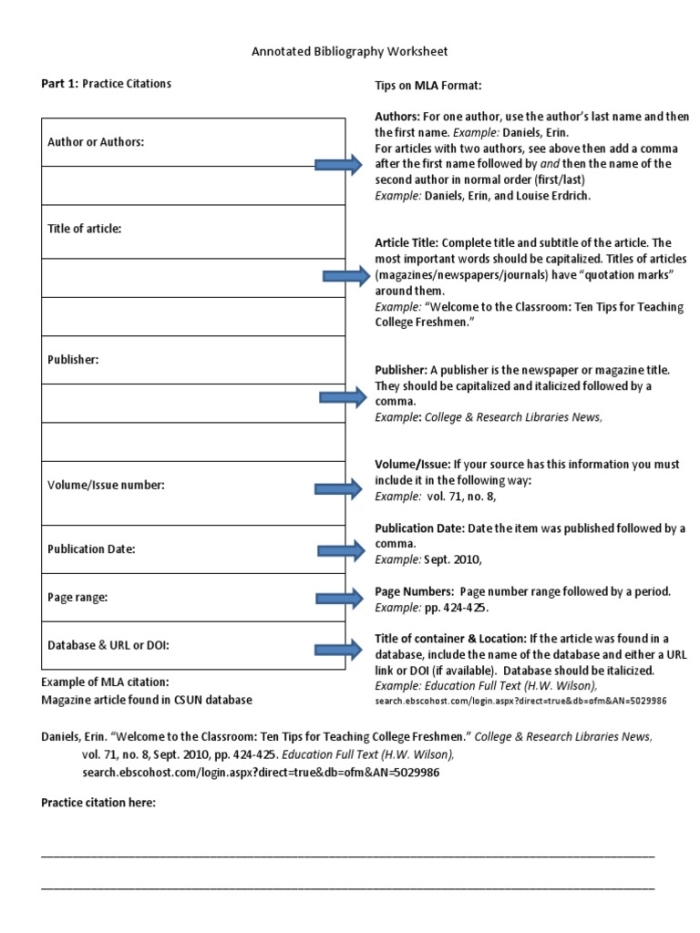 MLA 8th edition citation worksheet for middle school students to practice bibliography writing Writing a Bibliography worksheet designed for sixth graders to learn MLA 8th edition citation format