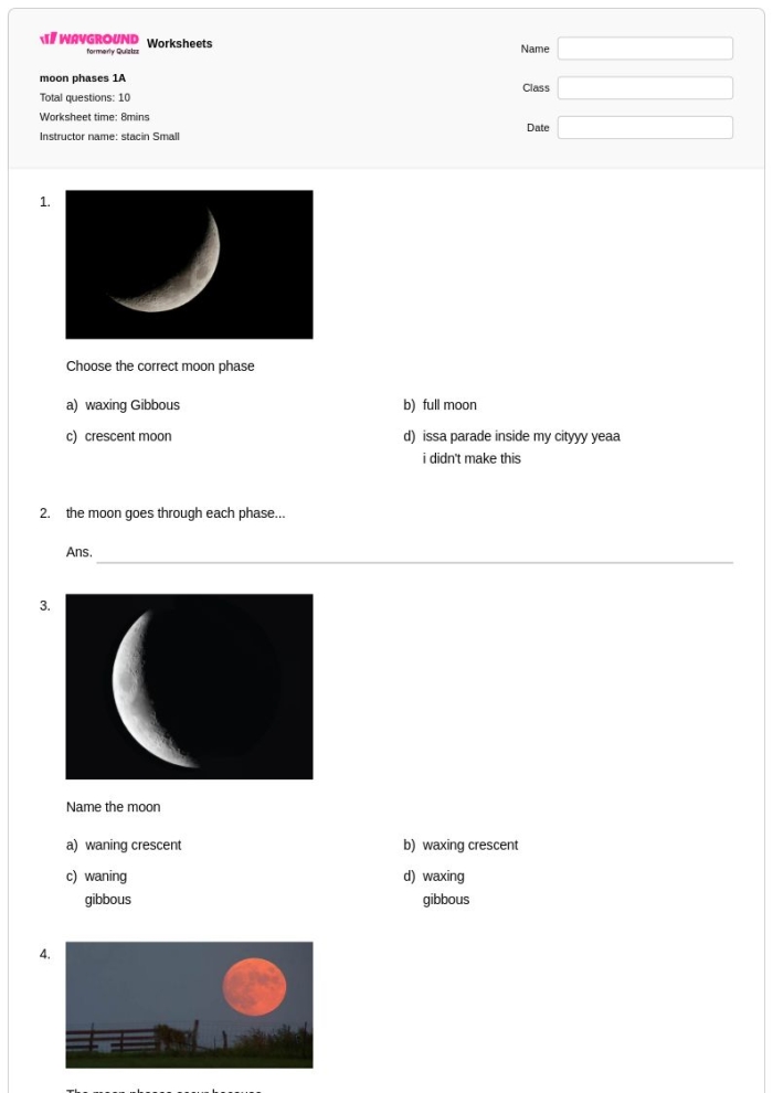 Phases of the Moon worksheet for sixth graders exploring the Earth-Sun-Moon system