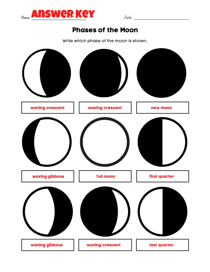 A sixth grade science worksheet featuring diagrams and questions about the lunar cycle for students to complete.