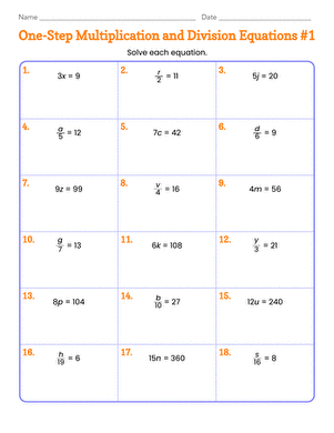 Worksheet featuring one-step multiplication and division equations for sixth graders
