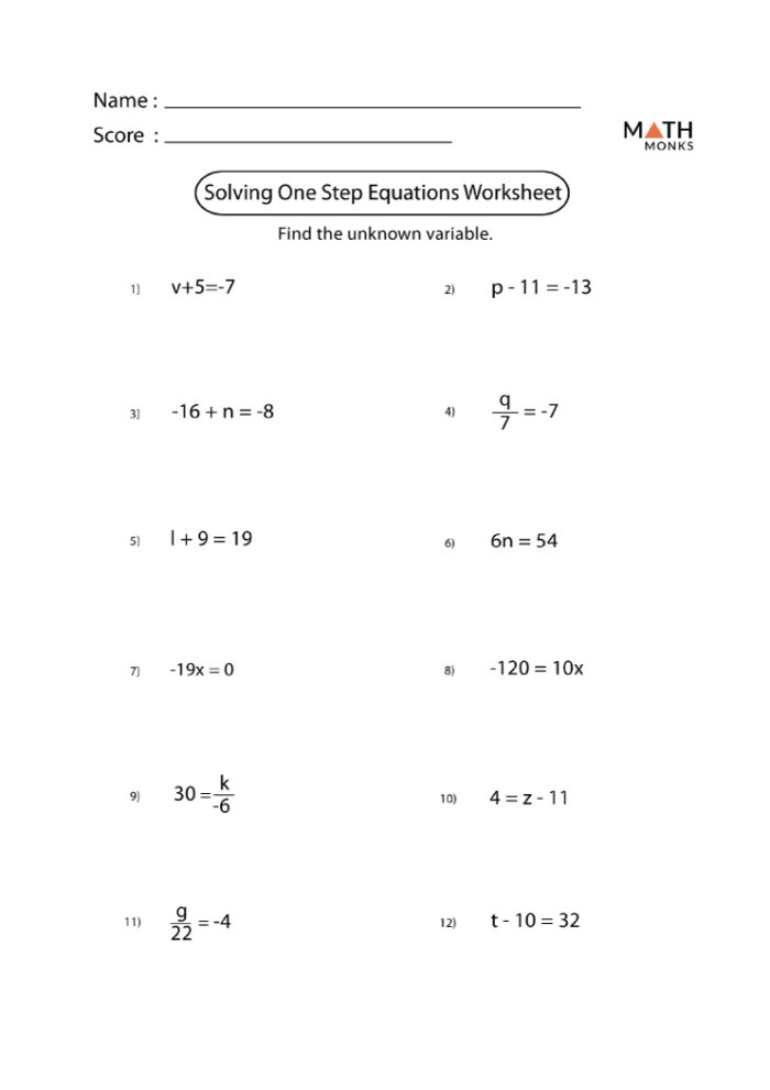 Worksheet featuring one-step multiplication and division equations for sixth graders
