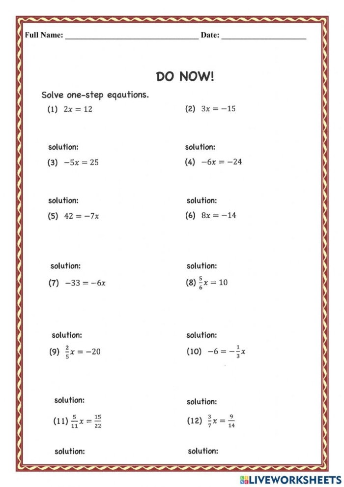 Sixth grade worksheet for practicing one-step multiplication and division equations using inverse operations
