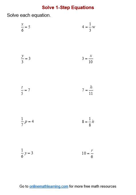 Worksheet for solving one-step multiplication and division equations for sixth graders