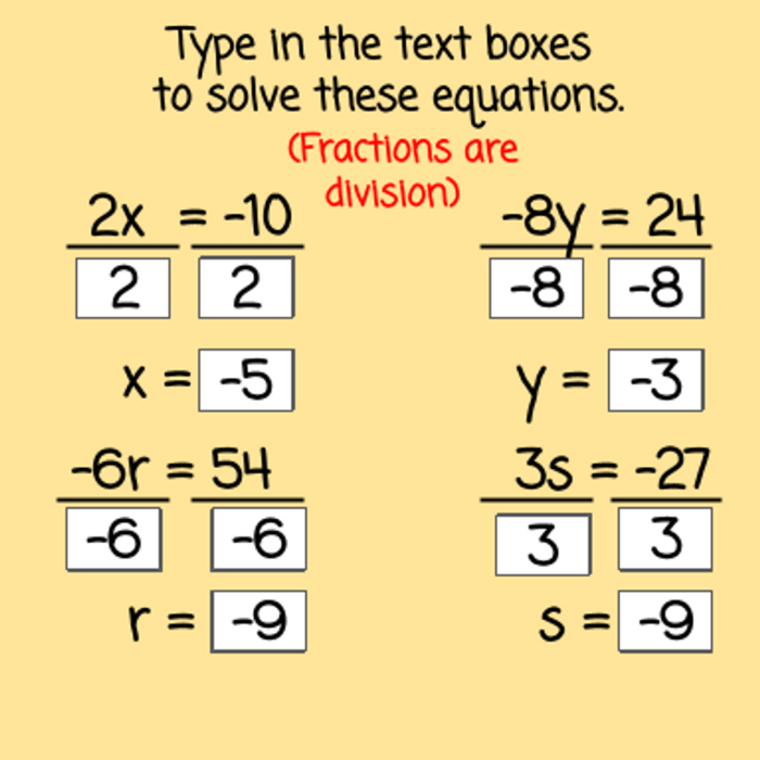 Worksheet for solving one-step multiplication and division equations for sixth-grade students