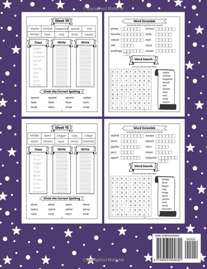 Sixth grade student completing a spelling practice worksheet with music recital theme and geometry shapes