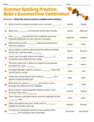 Sixth grade student completing a spelling practice worksheet with music recital themed vocabulary words and exercises