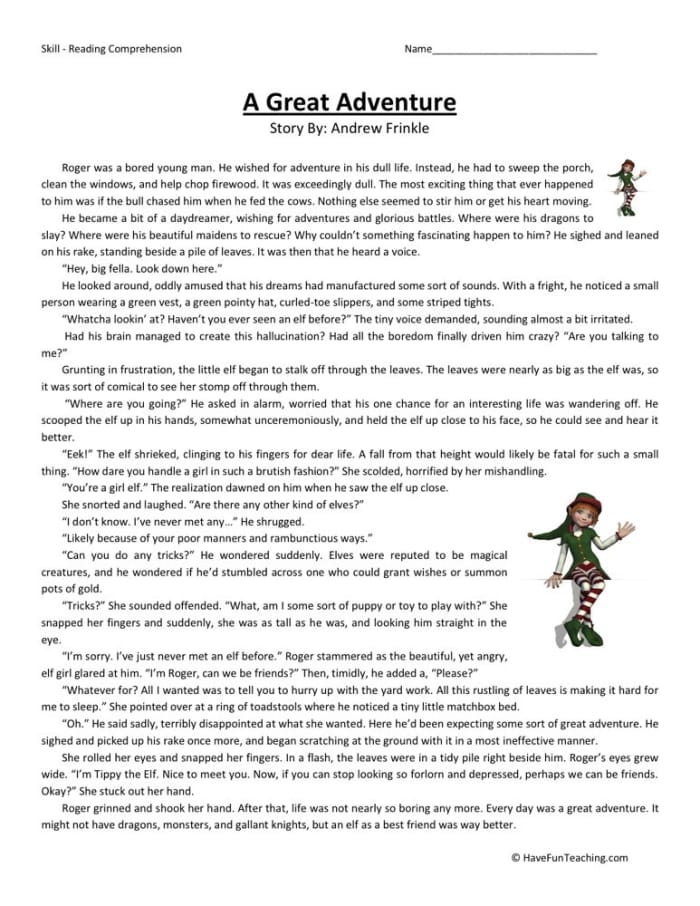 Reading Comprehension The Adventure Begins worksheet for grade six students Sixth grade student completing the Reading Comprehension The Adventure Begins worksheet