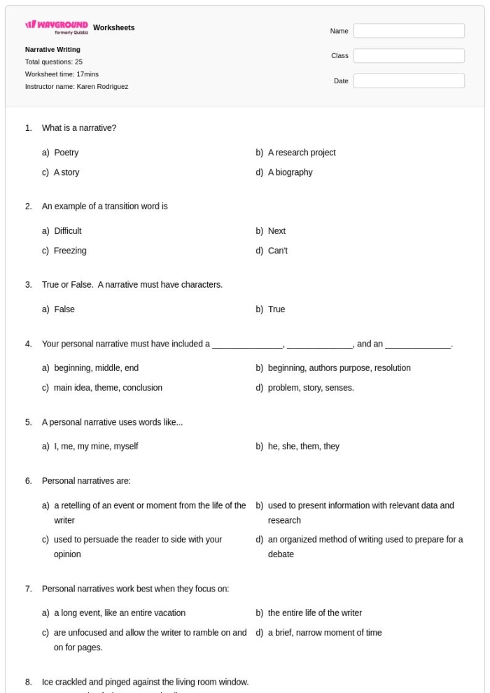 Sixth grade students practicing narrative writing by selecting the best transition words for short passages
