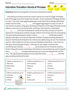 Worksheet on transition words for narrative writing with passages and options for sixth graders