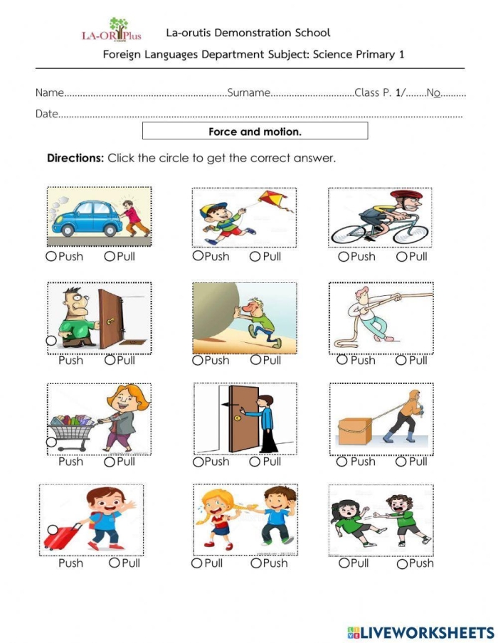 Worksheet illustrating Newton's Second Law concepts on mass, force, and motion for sixth graders
